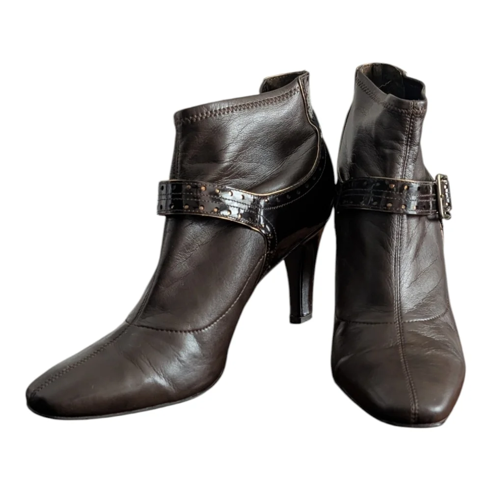 Women’s Dark Brown Leather Ankle Booties with Buckle Detail